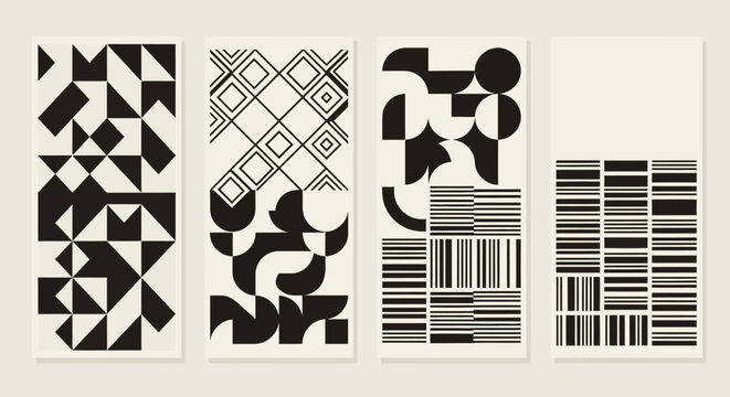 Four minimalist abstract geometric patterns in black and off-white, featuring diverse arrangements of triangles, squares, circles, and stripes, suitable for modern design.