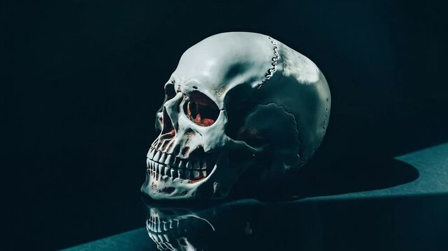 A close-up view of a human skull with glowing red eyes on a dark background