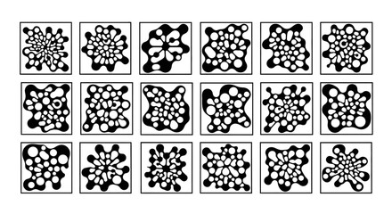 A collection of 18 abstract black and white ink drawings of organic, cellular, or molecular structures.