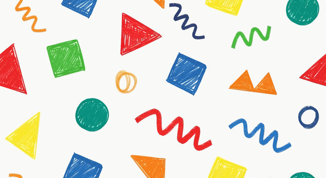 A vibrant and playful pattern of colorful geometric shapes and squiggles on a white background.
