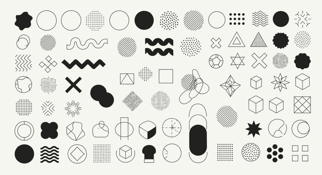 A comprehensive collection of abstract geometric shapes and patterns, including circles, squares, triangles, and wavy lines, presented in a minimalist style.