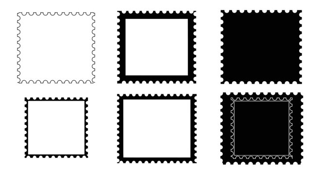 Six square postage stamp outlines with perforated edges, some filled and some empty, on a white background.