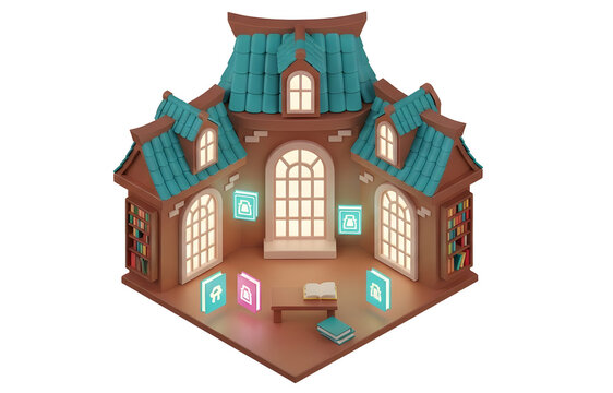 Charming isometric 3D model of a stylized fantasy building, featuring a teal tiled roof, glowing windows, and floating neon UI icons. Ideal for game assets, apps, or digital branding.
