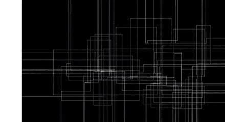 Obraz premium Abstract geometric composition with overlapping white squares and lines on a black background, creating a sense of depth and complexity.
