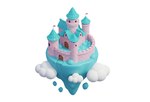 A charming 3D render of a magical fantasy castle floating on a teal island among fluffy clouds. Ideal asset for game design, UI/UX, children's books, or digital artwork. 