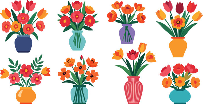 Colorful flower bouquets in glass vases illustration set with tulips and carnations, spring floral arrangement, decorative botanical vector art