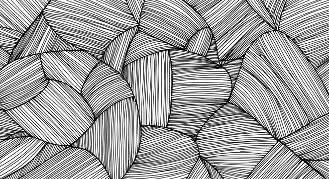 Abstract black and white line art pattern with organic shapes and textured fill.