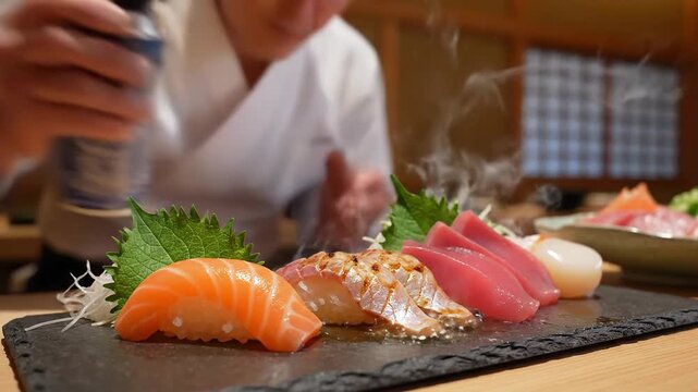 Chef searing sushi with blowtorch, preparing gourmet Japanese seafood dish with fresh ingredients