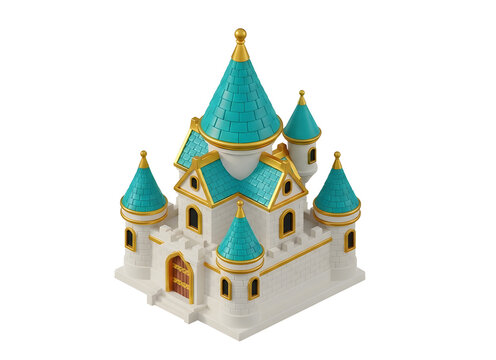 Stunning 3D isometric cartoon castle asset featuring white stone, emerald green roofs, and opulent gold detailing. Perfect for mobile games, RTS, strategy, or fairy tale visualizations. 