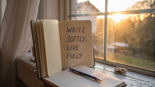 Open journal with quote and pen in morning sunlight