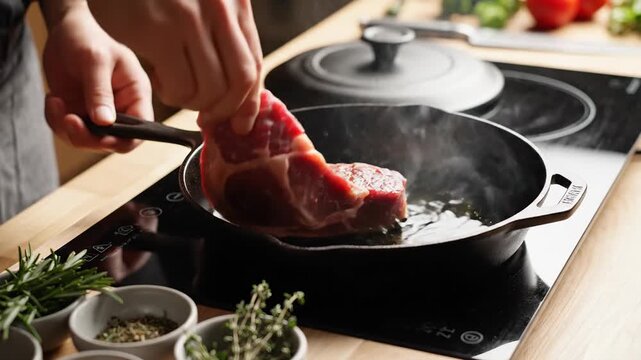 Chef seasons raw steak with spices before searing in hot cast iron pan