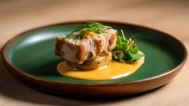 Rellena Nikkei Crispy Stuffed Potato With Seared Tuna Tataki Presented on a Green Plate for a Gourmet Dining Experience