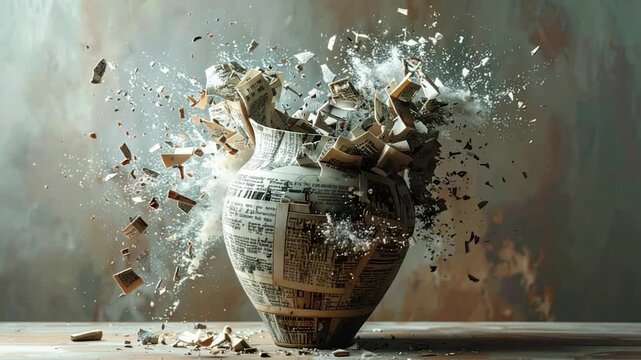 A vase made of newspapers explodes with fragments and particles in the air