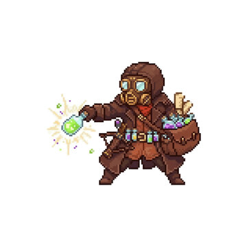 pixel art alchemist character wearing a gas mask throwing a glowing green chemical potion bottle.