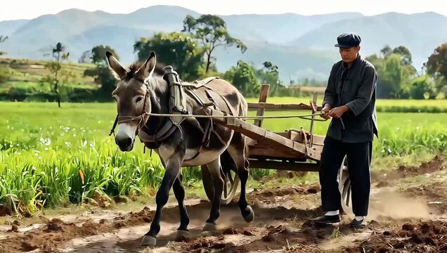 Seasonal rural scene with a man guiding a donkey cart.