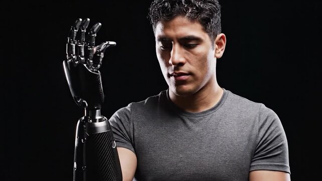 A man with a modern prosthetic arm interacts with his bionic limb, showcasing