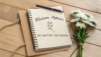 Fototapeta premium Notebook with Pen and Floral Design on Wooden Surface