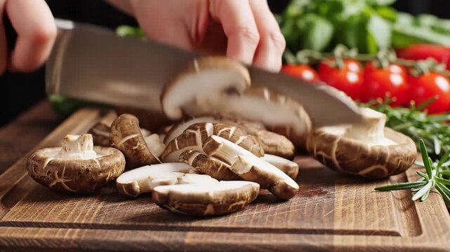 Chef slicing fresh shiitake mushrooms on a wooden cutting board with tomatoes and herbs