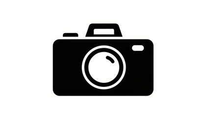 Minimalist black camera icon on white background, photography symbol