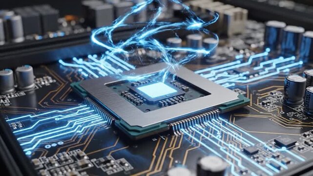 Advanced computer processor with glowing blue light on a detailed motherboard