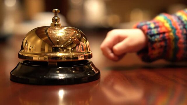 Child's Hand Rings Service Bell on Wooden Counter for Attention