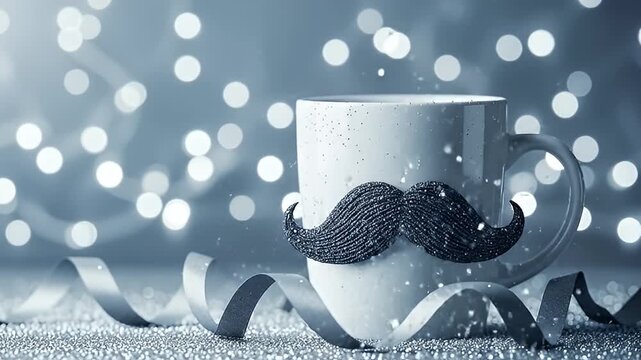 White mug with black mustache decoration and silver ribbons bokeh background.