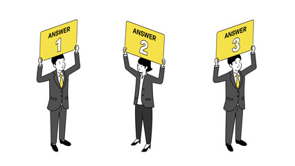 アンサーの看板を持つ若いビジネスパーソン、3Dイラスト、ベクター