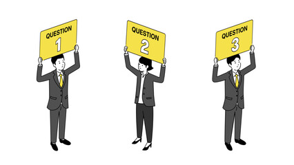 クエスチョンの看板を持つ若いビジネスパーソン、3Dイラスト、ベクター