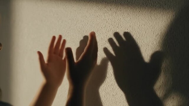 Child's hands playing with shadow puppets on a textured wall in warm sunlight
