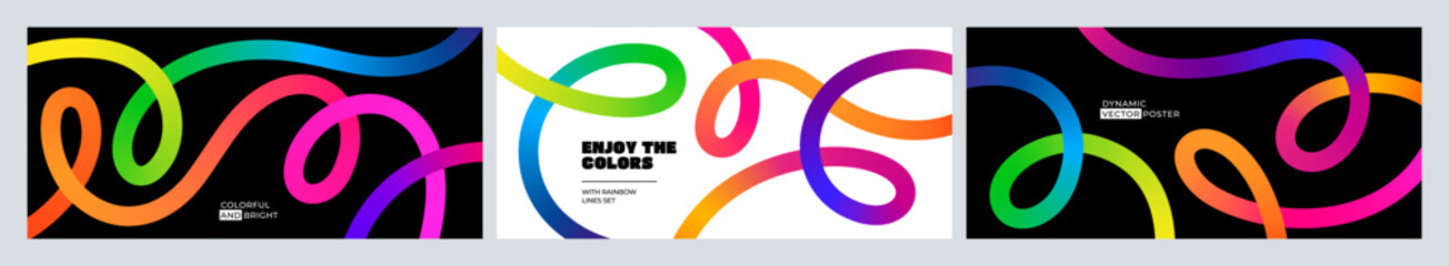 Color Gradient Lines Abstract Backgrounds. 3D Curve Vector Rainbow Squiggle Ribbons. Wave Shape Graphic Elements. Geometric Patterns with Wavy Spirals. Black and White Posters Design with Neon Gradien © Briddy