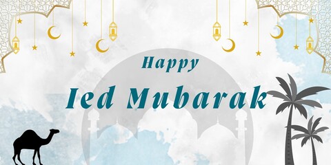 Islamic holiday greetings. Eid Mubarak greetings with a simple gray blue theme © Fivin