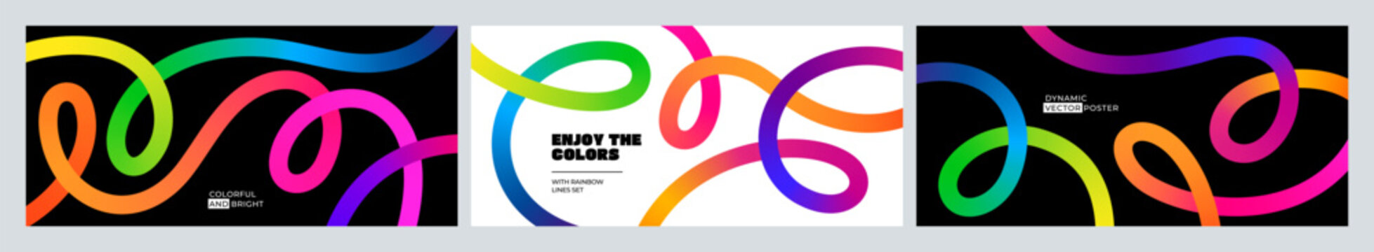 Color Gradient Lines Abstract Backgrounds. 3D Curve Vector Rainbow Squiggle Ribbons. Wave Shape Graphic Elements. Geometric Patterns with Wavy Spirals. Black and White Posters Design with Neon Gradien