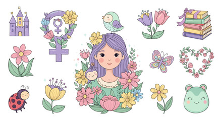 Cute girl with purple hair surrounded by flowers and animals