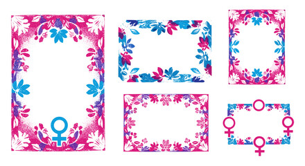 Set of floral frames and borders with pink and blue flowers