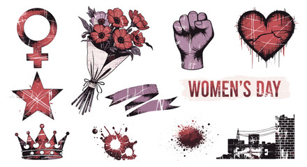Collection of feminist symbols and icons for womens day celebration