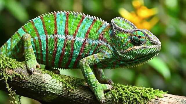 Vibrant green chameleon perched on a mossy branch in a lush forest.
