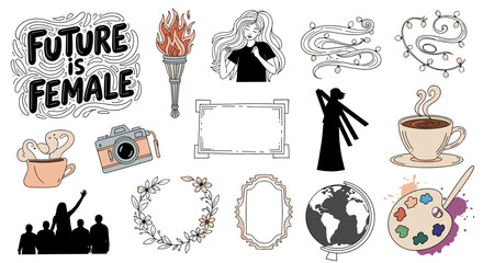 Collection of female empowerment symbols and artistic elements