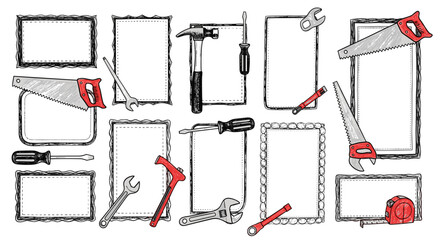 Collection of various hand tools including saws hammers and wrenches