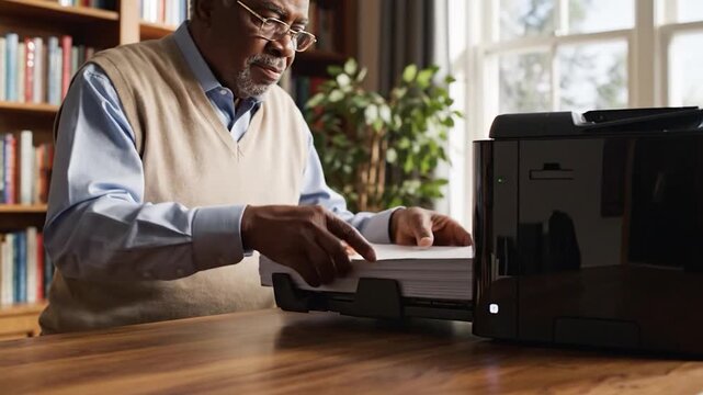 Senior man carefully loads a stack of white paper into a black office printer