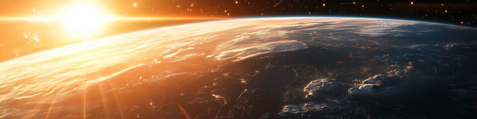 Cinematic view of planet Earth from orbit with an intense orange sunrise illuminating the atmosphere and city lights