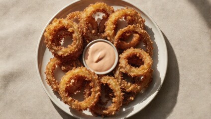 Crispy golden brown onion rings served with a creamy dipping sauce on a white plate.