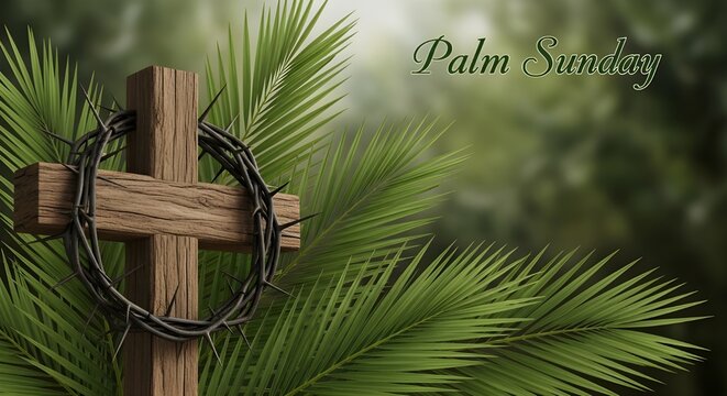 Wooden cross surrounded by lush palm leaves symbolizing Palm Sunday and the beginning of Holy Week, ideal for church media and religious publications.