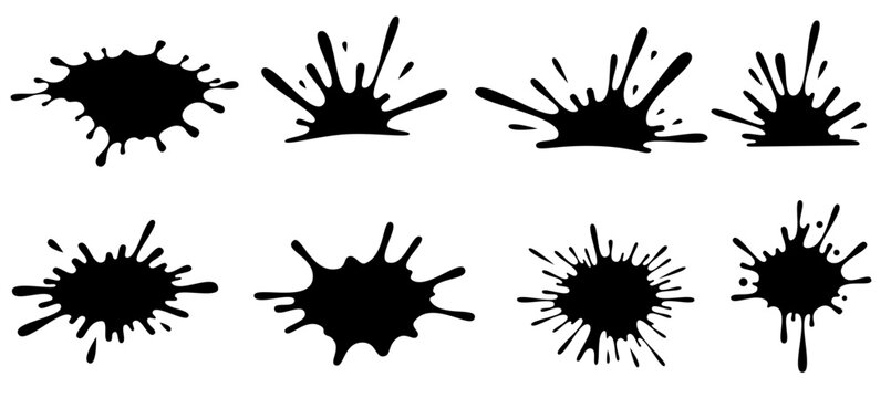Vector set of black ink splat snd drop. spill design stain like splash.