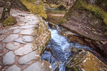 Serene Stone Path Beside a Rushing Mountain Stream