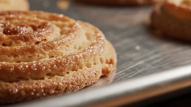 Close-up of a golden spiral cookie dusted with sugar on a baking sheet