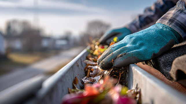 Close up of hands in gloves clearing spring debris from roof gutter