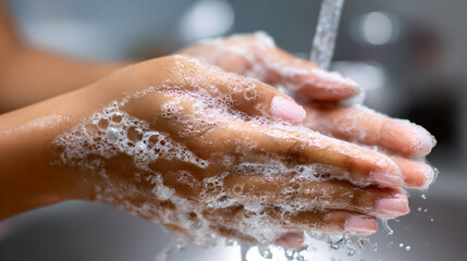 Fototapeta premium Close up of hands lathered with white soap under running water from faucet 