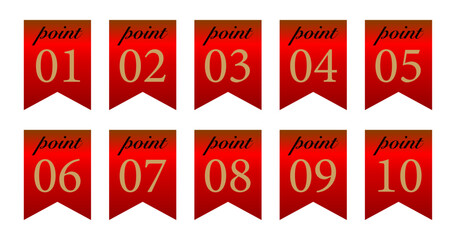レッドカラーの旗型デザインに「point 01-10」を表記した、視認性の高い箇条書き用アクセント素材 © GoodLuckDesigns