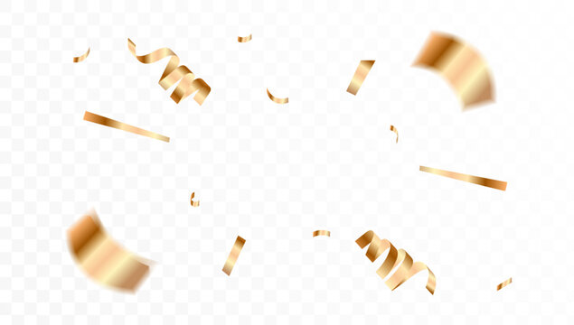 Golden confetti streamers and ribbons falling and swirling on a transparent background, celebratory explosion