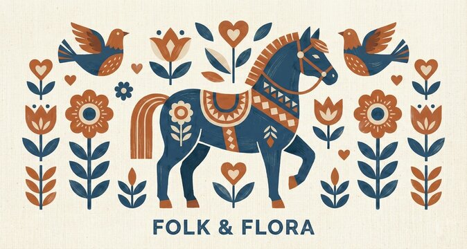 Scandinavian Folk Art Illustration of Blue Horse with Birds and Floral Ornaments